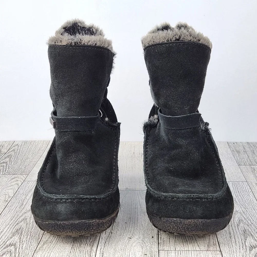 Khombu Womens Ankle Boots Size 7 Black Leather Faux Fur Collar, Leather Tie Up